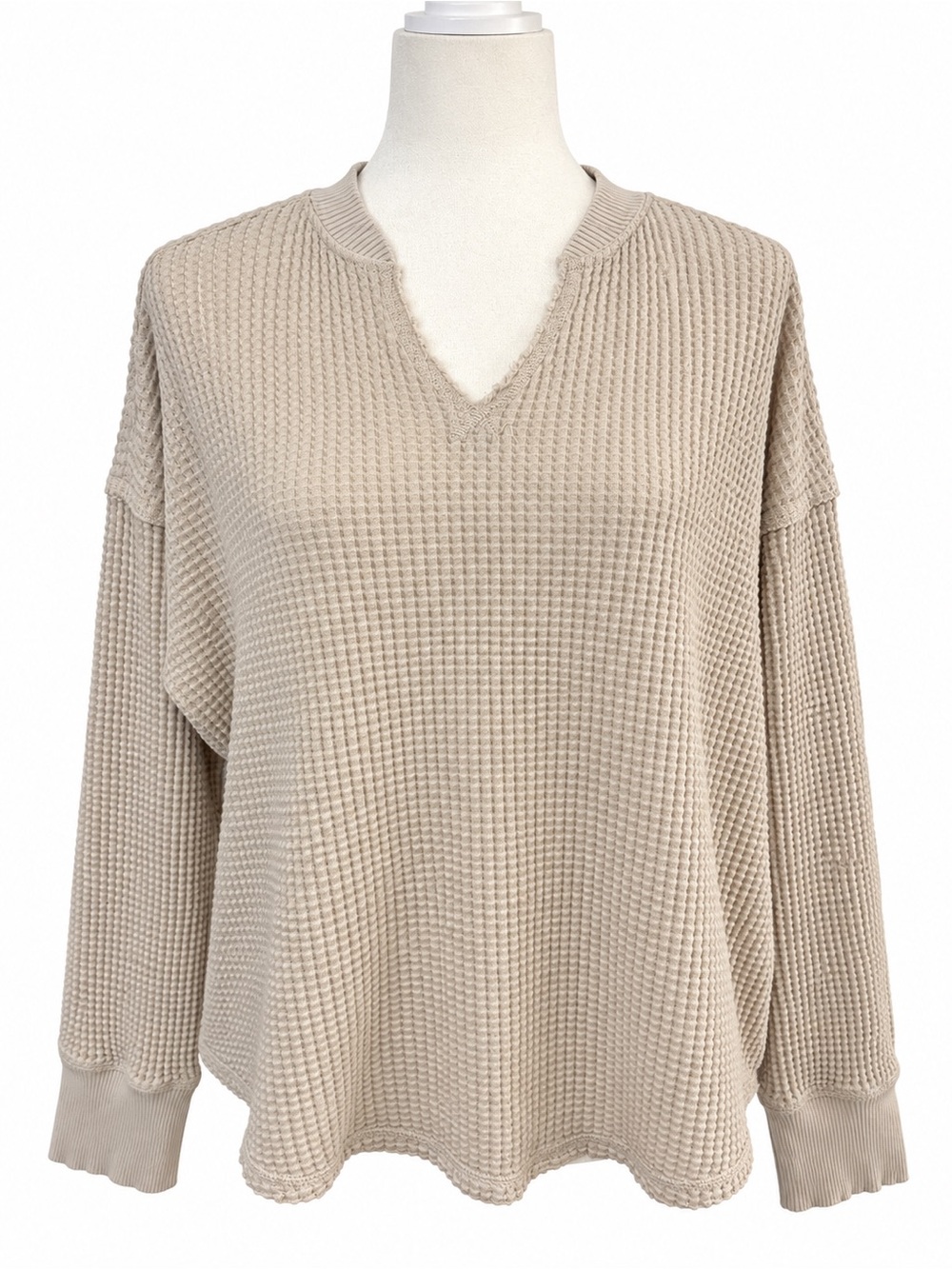 Aerie OFFLINE Waffle Knit V-Neck Sweater Beige Cream Oversized Small
